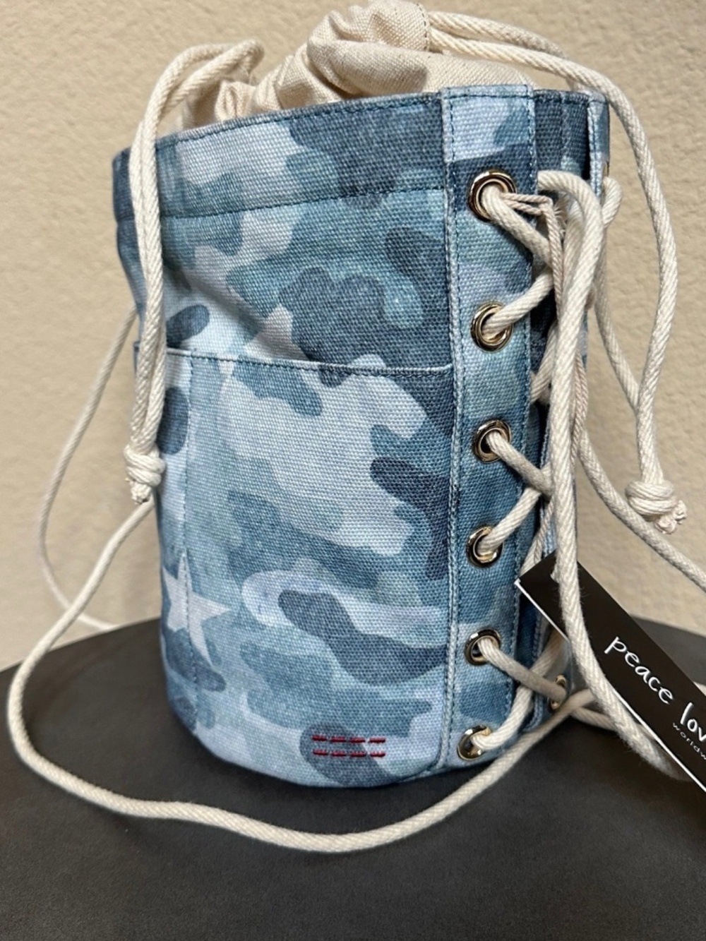 NEW Peace Love World Denim Drawstring Jean Bucket Bag Cinched Camo Shoulder Bag